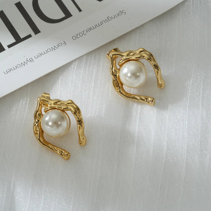 1 Pair Marine Style C Shape Irregular Water Droplets Inlay 304 Stainless Steel Artificial Pearls 18K Gold Plated Ear Studs