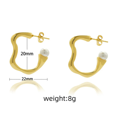 1 Pair Marine Style C Shape Irregular Water Droplets Inlay 304 Stainless Steel Artificial Pearls 18K Gold Plated Ear Studs