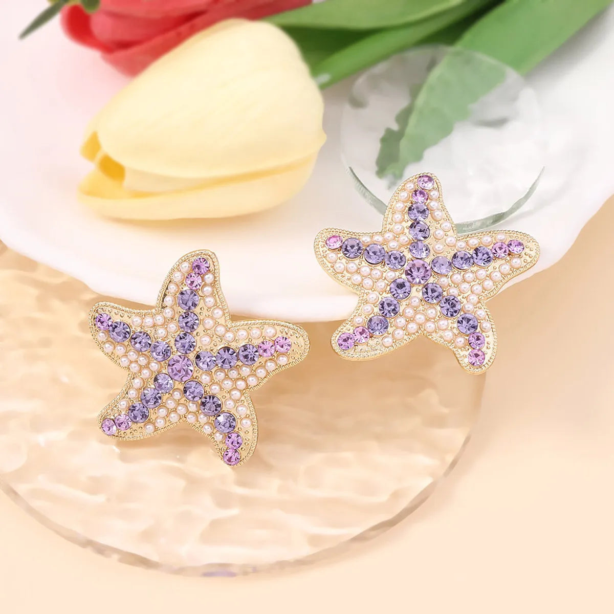 1 Pair Marine Style Modern Style Classic Style Starfish Plating Inlay Zinc Alloy Imitation Pearl Rhinestones Ear Studs