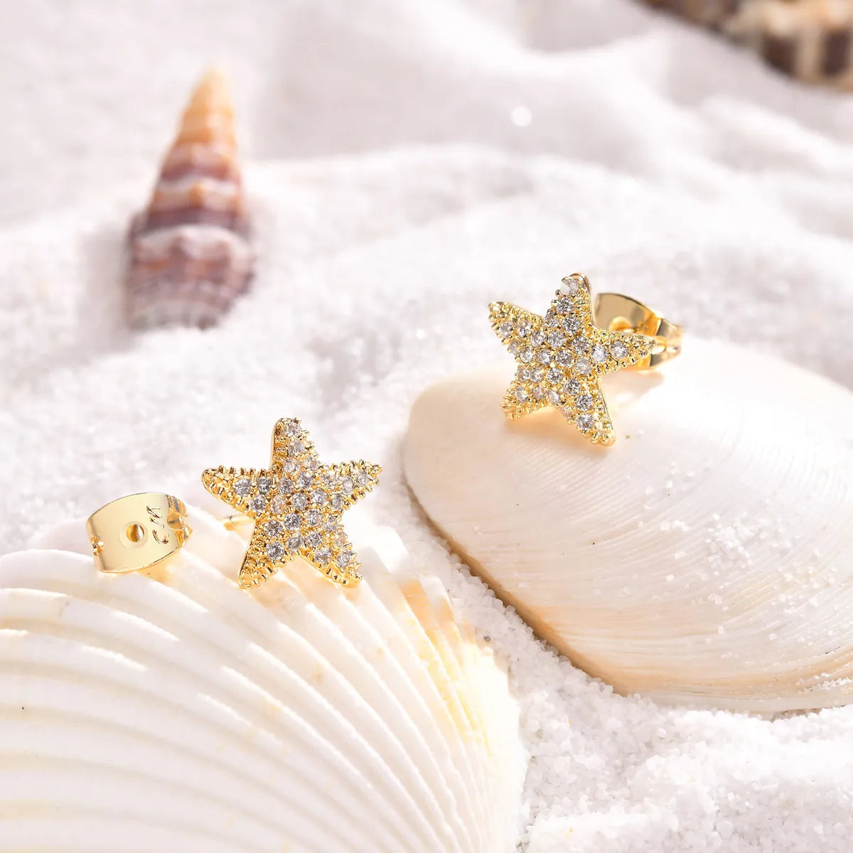 1 Pair Marine Style Shiny Starfish Plating Inlay Copper Zircon 18K Gold Plated Ear Studs