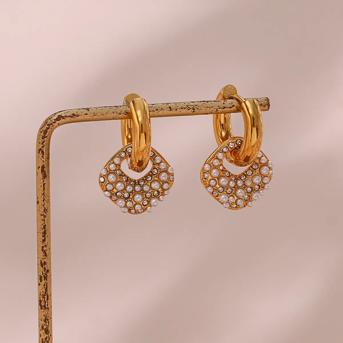 1 Pair Modern Style Artistic Square Stainless Steel Plating Inlay Artificial Pearls Rhinestones 18k Gold Plated Drop Earrings