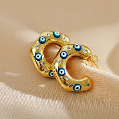 1 Pair Modern Style C Shape Devil's Eye Enamel Inlay Copper Artificial Diamond Ear Studs