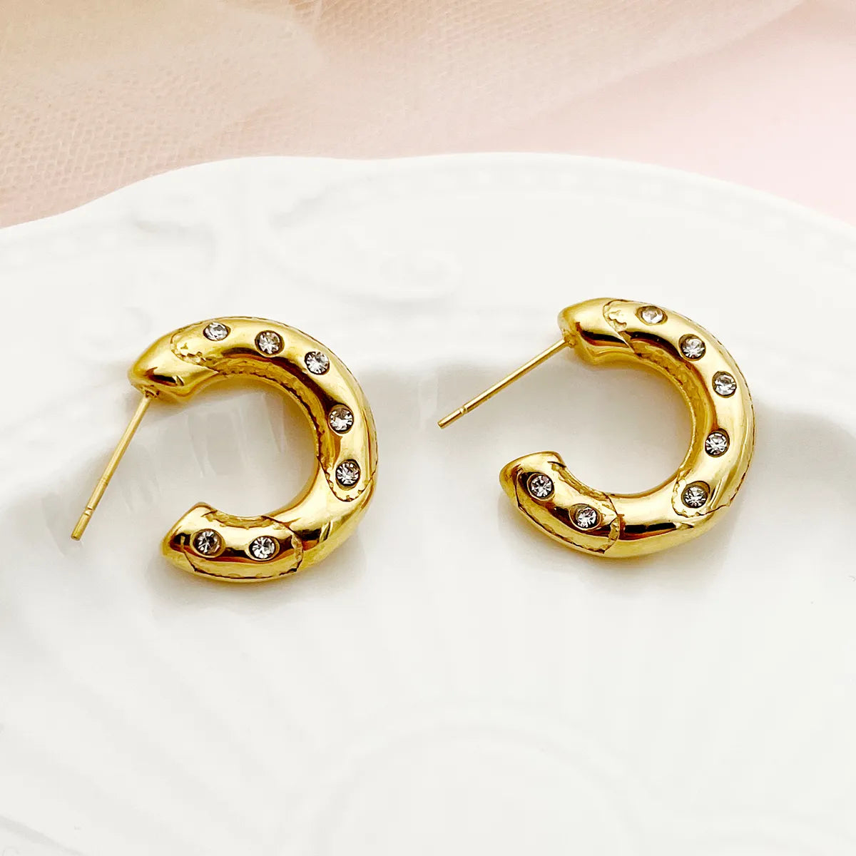 1 Pair Modern Style C Shape Polishing Plating Inlay Stainless Steel Metal Zircon Gold Plated Ear Studs