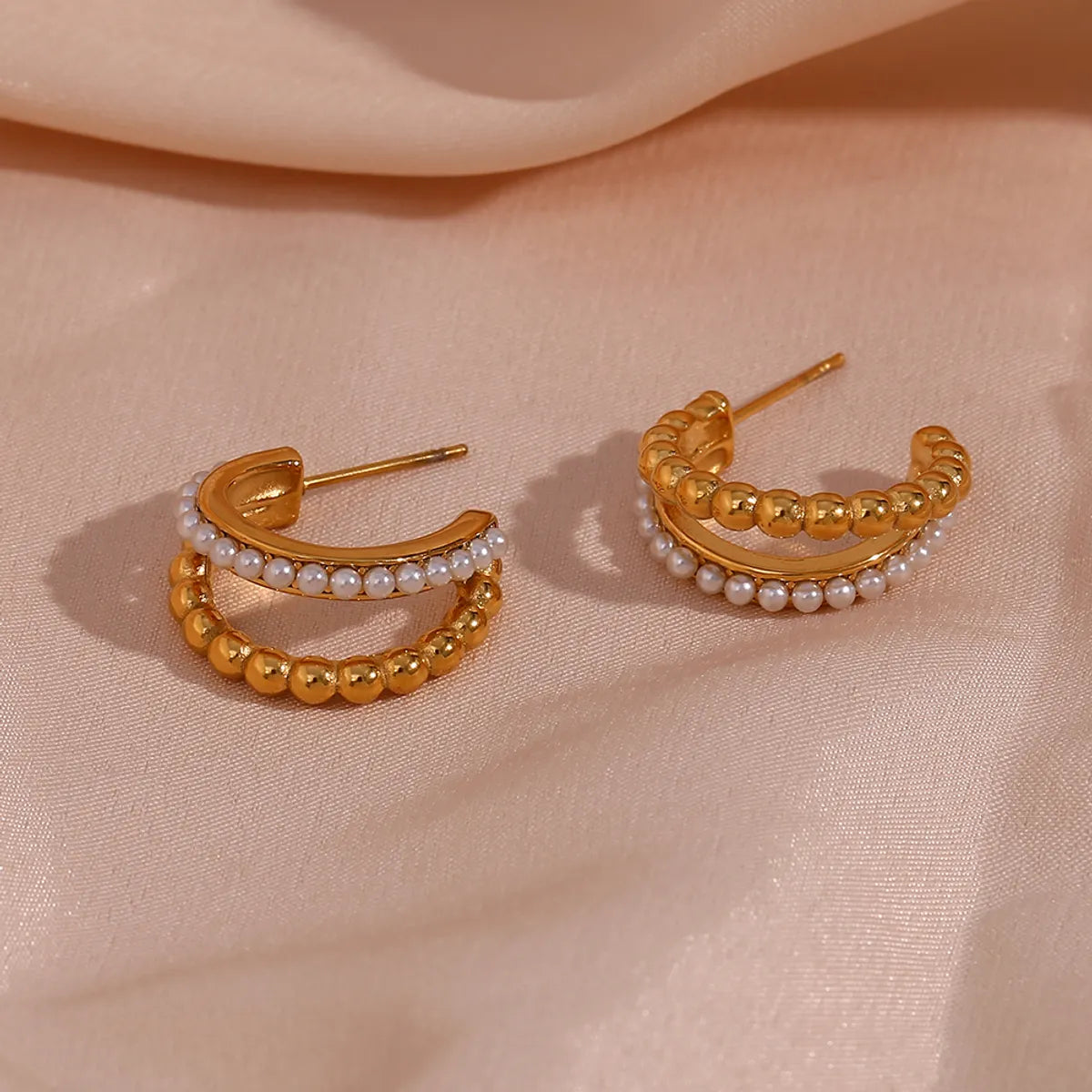 1 Pair Modern Style C Shape Plating Inlay Stainless Steel Artificial Pearls 18k Gold Plated Ear Studs