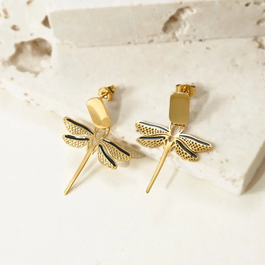 1 Pair Modern Style Classic Style Dragonfly Polishing Enamel Plating 304 Stainless Steel Drop Earrings