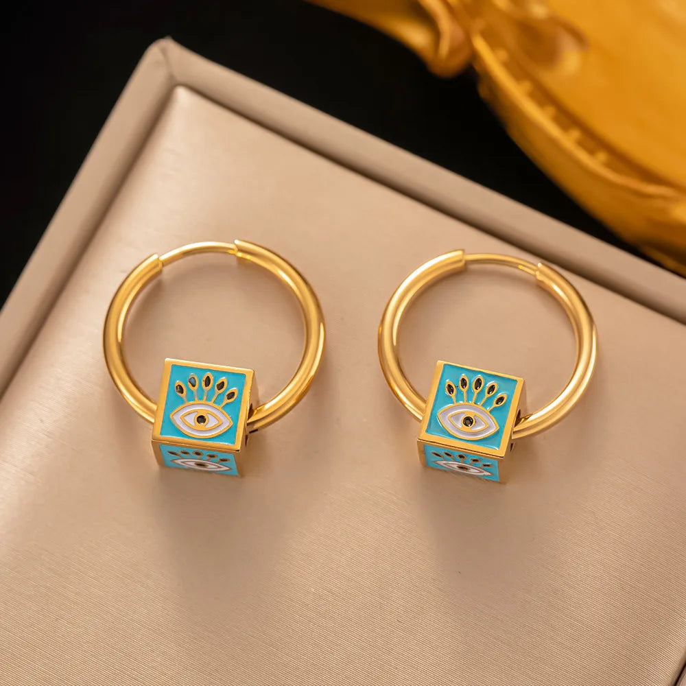 1 Pair Modern Style Devil'S Eye Square Enamel Plating 304 Stainless Steel 18K Gold Plated Hoop Earrings