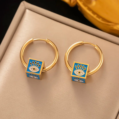 1 Pair Modern Style Devil'S Eye Square Enamel Plating 304 Stainless Steel 18K Gold Plated Hoop Earrings