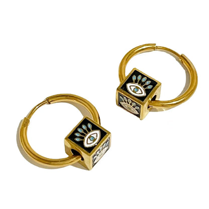 1 Pair Modern Style Devil'S Eye Square Enamel Plating 304 Stainless Steel 18K Gold Plated Hoop Earrings