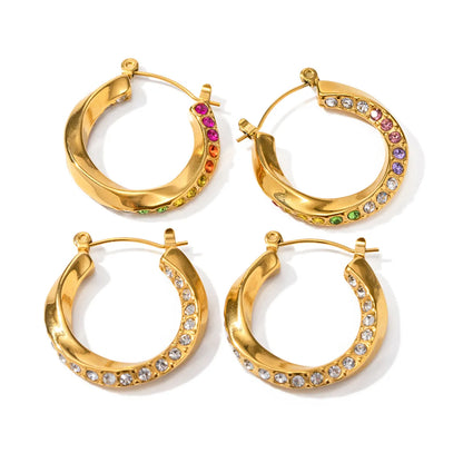 1 Pair Modern Style Round Plating Inlay Stainless Steel Artificial Diamond 18k Gold Plated Hoop Earrings