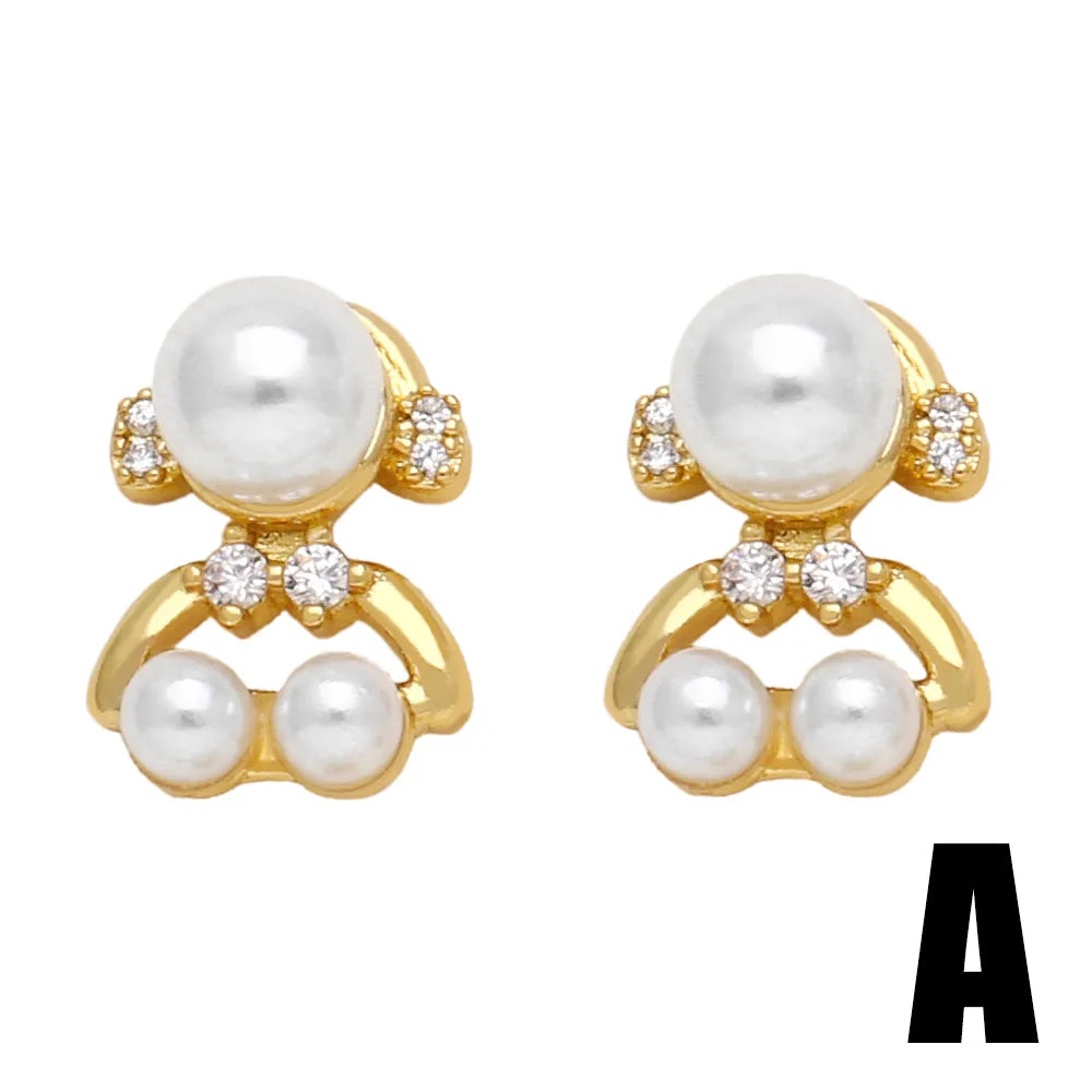 1 Pair Modern Style Simple Style Animal Bear Plating Inlay Copper Artificial Pearls Zircon 18k Gold Plated Ear Studs