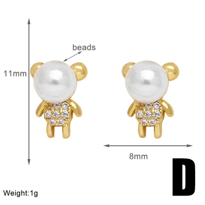 1 Pair Modern Style Simple Style Animal Bear Plating Inlay Copper Artificial Pearls Zircon 18k Gold Plated Ear Studs