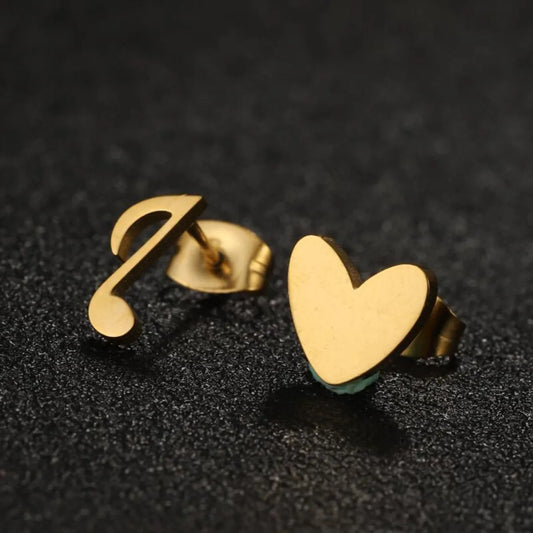 1 Pair Modern Style Simple Style Heart Shape Notes Asymmetrical Plating Stainless Steel Ear Studs