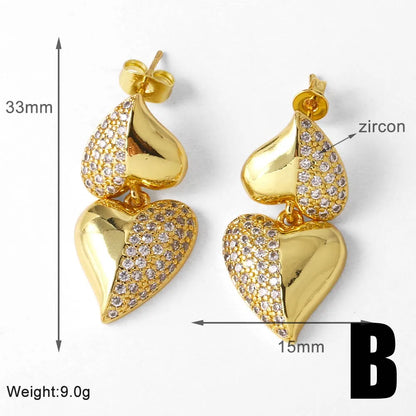 1 Pair Modern Style Simple Style Heart Shape Plating Inlay Copper Zircon 18K Gold Plated Drop Earrings