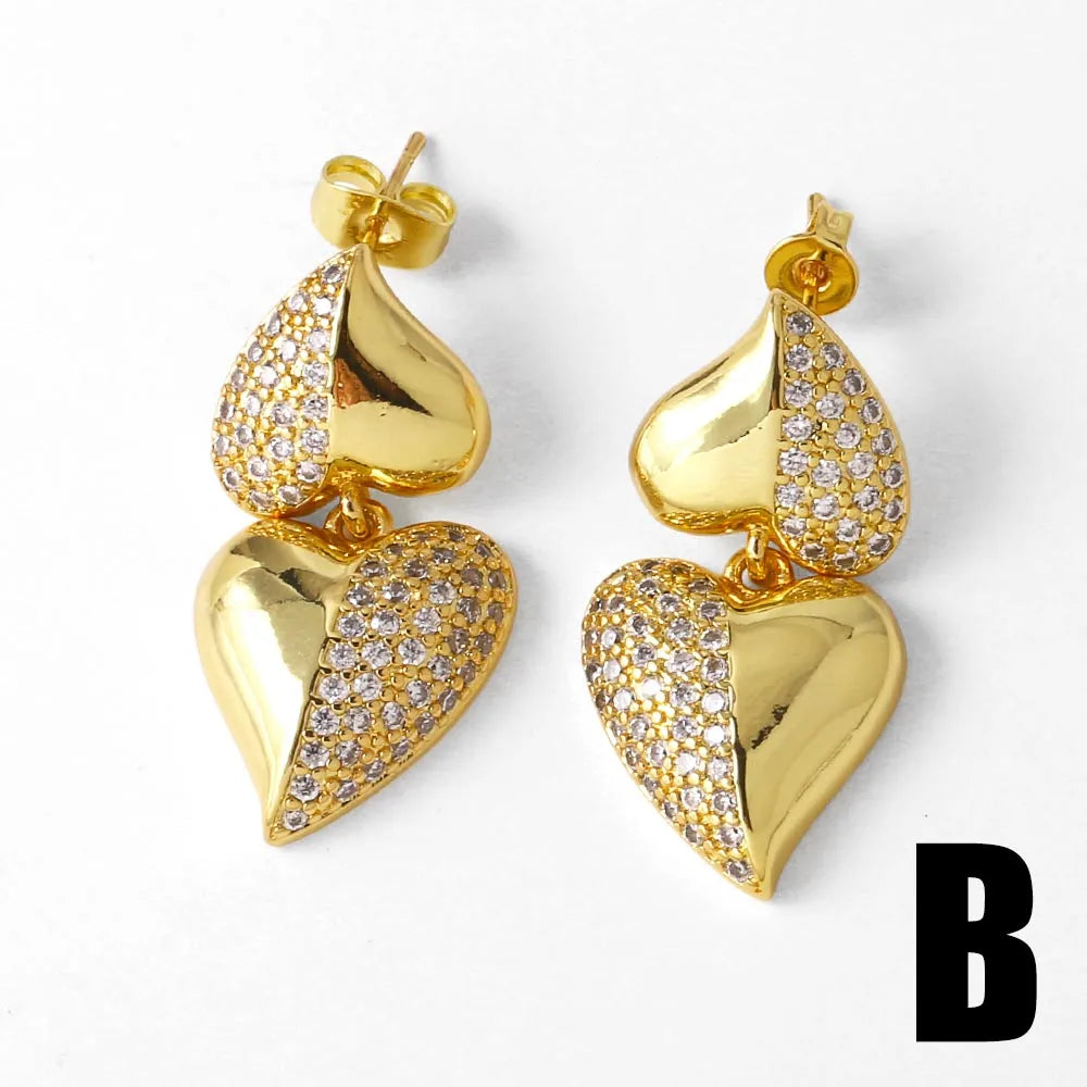 1 Pair Modern Style Simple Style Heart Shape Plating Inlay Copper Zircon 18K Gold Plated Drop Earrings