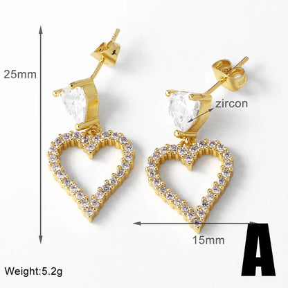 1 Pair Modern Style Simple Style Heart Shape Plating Inlay Copper Zircon 18K Gold Plated Drop Earrings