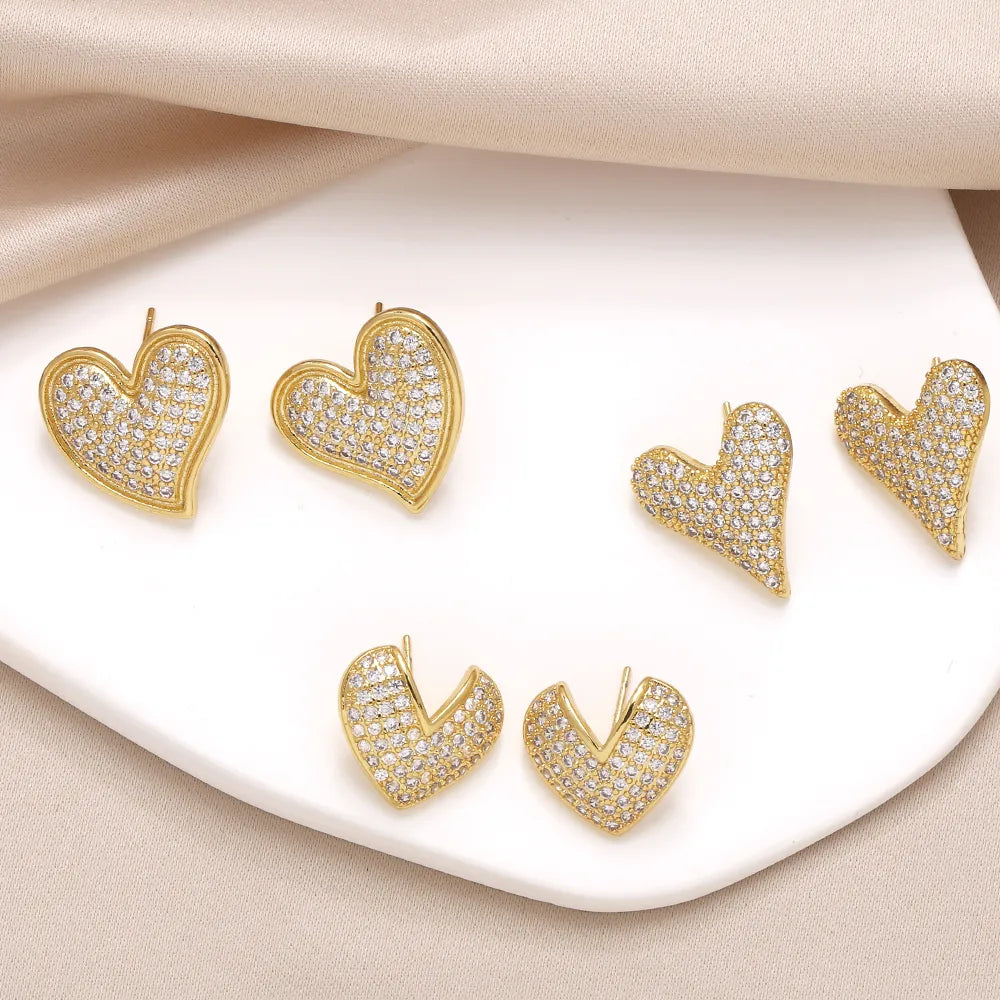 1 Pair Modern Style Simple Style Heart Shape Plating Inlay Copper Zircon Gold Plated Ear Studs