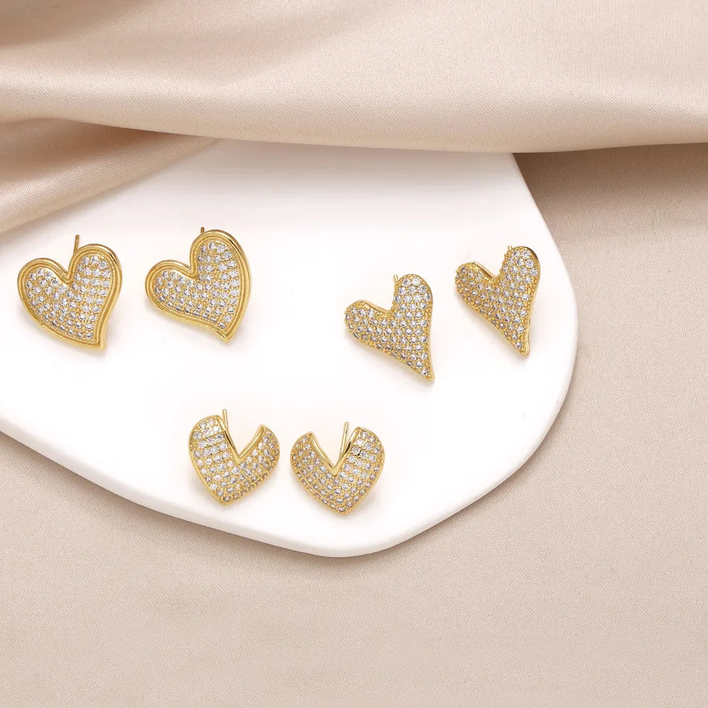 1 Pair Modern Style Simple Style Heart Shape Plating Inlay Copper Zircon Gold Plated Ear Studs