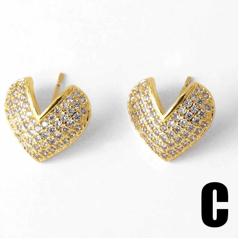 1 Pair Modern Style Simple Style Heart Shape Plating Inlay Copper Zircon Gold Plated Ear Studs