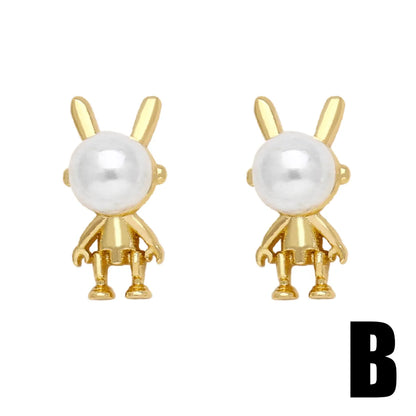 1 Pair Modern Style Simple Style Rabbit Flower Bow Knot Plating Inlay Copper Pearl Zircon 18k Gold Plated Ear Studs