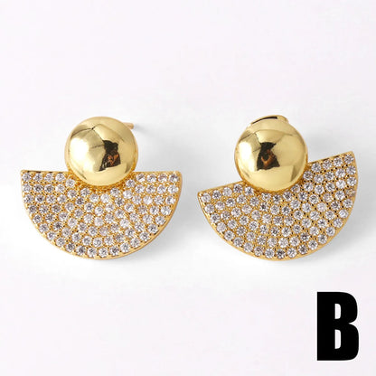 1 Pair Modern Style Simple Style Sector Heart Shape Inlay Copper Zircon 18K Gold Plated Ear Studs