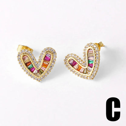 1 Pair Modern Style Simple Style Sector Heart Shape Inlay Copper Zircon 18K Gold Plated Ear Studs