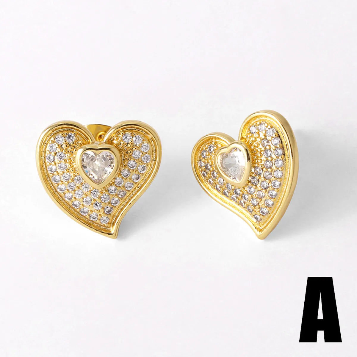 1 Pair Modern Style Simple Style Sector Heart Shape Inlay Copper Zircon 18K Gold Plated Ear Studs