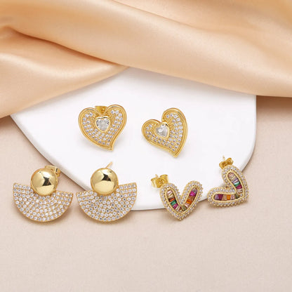 1 Pair Modern Style Simple Style Sector Heart Shape Inlay Copper Zircon 18K Gold Plated Ear Studs