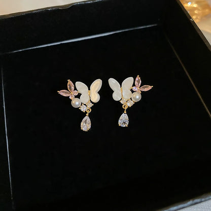 1 Pair Modern Style Sweet Classic Style Water Droplets Butterfly Inlay Copper Imitation Pearl Zircon Ear Studs