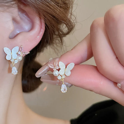 1 Pair Modern Style Sweet Classic Style Water Droplets Butterfly Inlay Copper Imitation Pearl Zircon Ear Studs