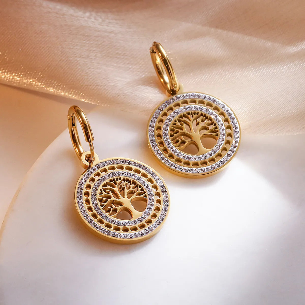 1 Pair Modern Style Tree Plating Inlay 304 Stainless Steel Zircon 18K Gold Plated Drop Earrings