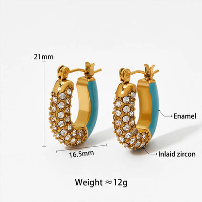 1 Pair Modern Style U Shape Enamel Inlay 304 Stainless Steel Zircon 16K Gold Plated White Gold Plated Gold Plated Earrings