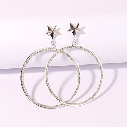 1 Pair Nordic Style Exaggerated Shiny Circle Star Inlay Copper Rhinestones Rhodium Plated Drop Earrings