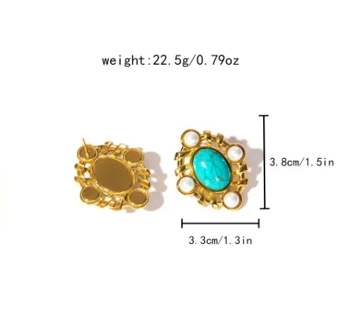 1 Pair Nordic Style French Style Classic Style Oval Plating Hollow Out Inlay 304 Stainless Steel Artificial Pearls Turquoise 14K Gold Plated Ear Studs