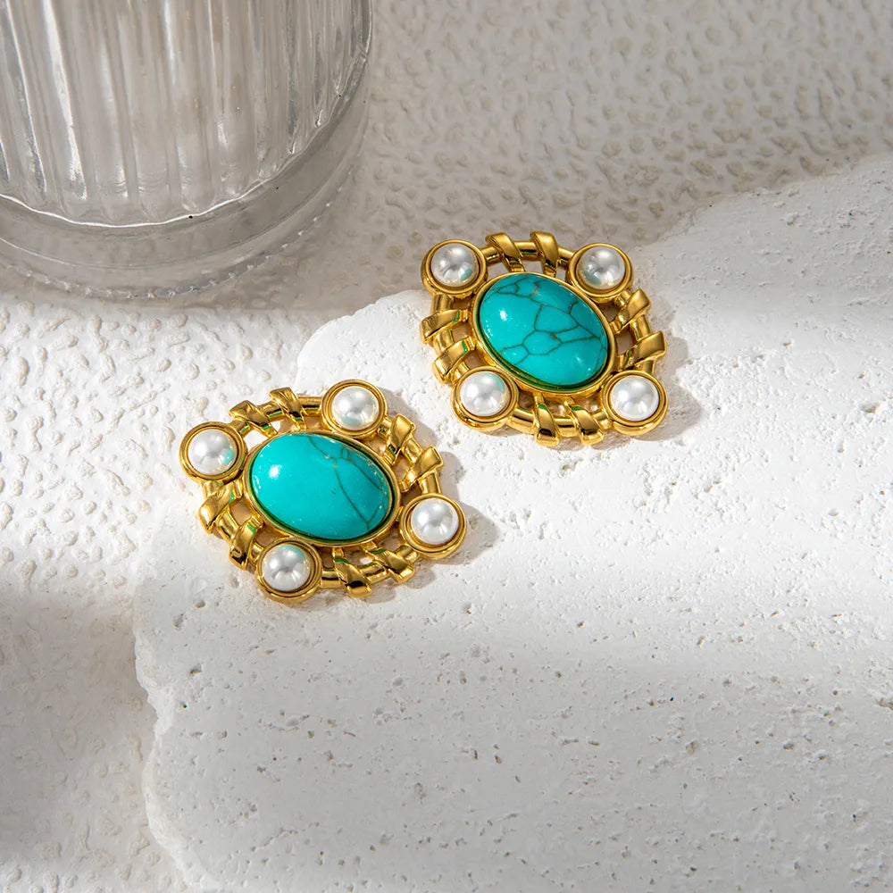 1 Pair Nordic Style French Style Classic Style Oval Plating Hollow Out Inlay 304 Stainless Steel Artificial Pearls Turquoise 14K Gold Plated Ear Studs