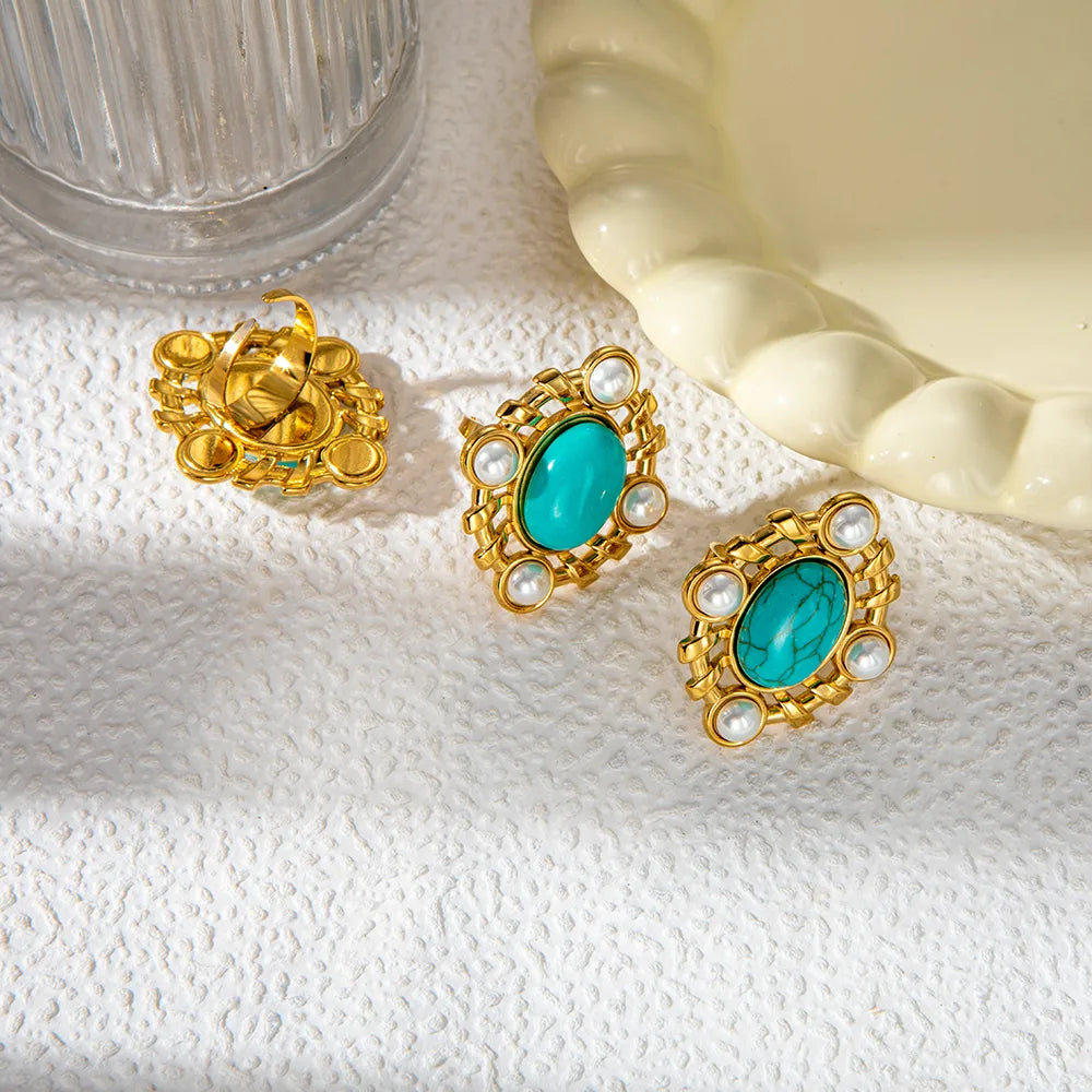 1 Pair Nordic Style French Style Classic Style Oval Plating Hollow Out Inlay 304 Stainless Steel Artificial Pearls Turquoise 14K Gold Plated Ear Studs