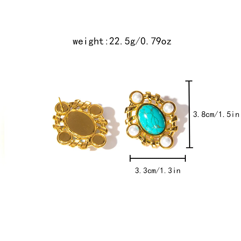 1 Pair Nordic Style French Style Classic Style Oval Plating Hollow Out Inlay 304 Stainless Steel Artificial Pearls Turquoise 14K Gold Plated Ear Studs