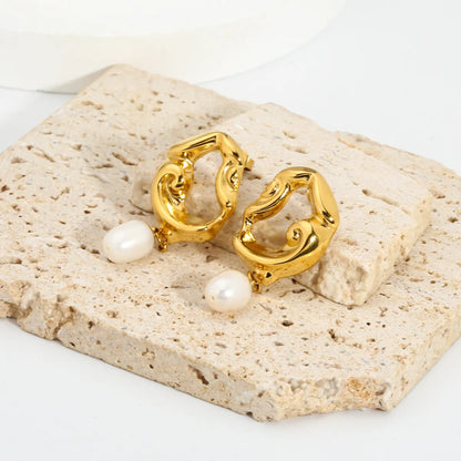 1 Pair Nordic Style Irregular Plating Inlay Stainless Steel Freshwater Pearl 18k Gold Plated Drop Earrings