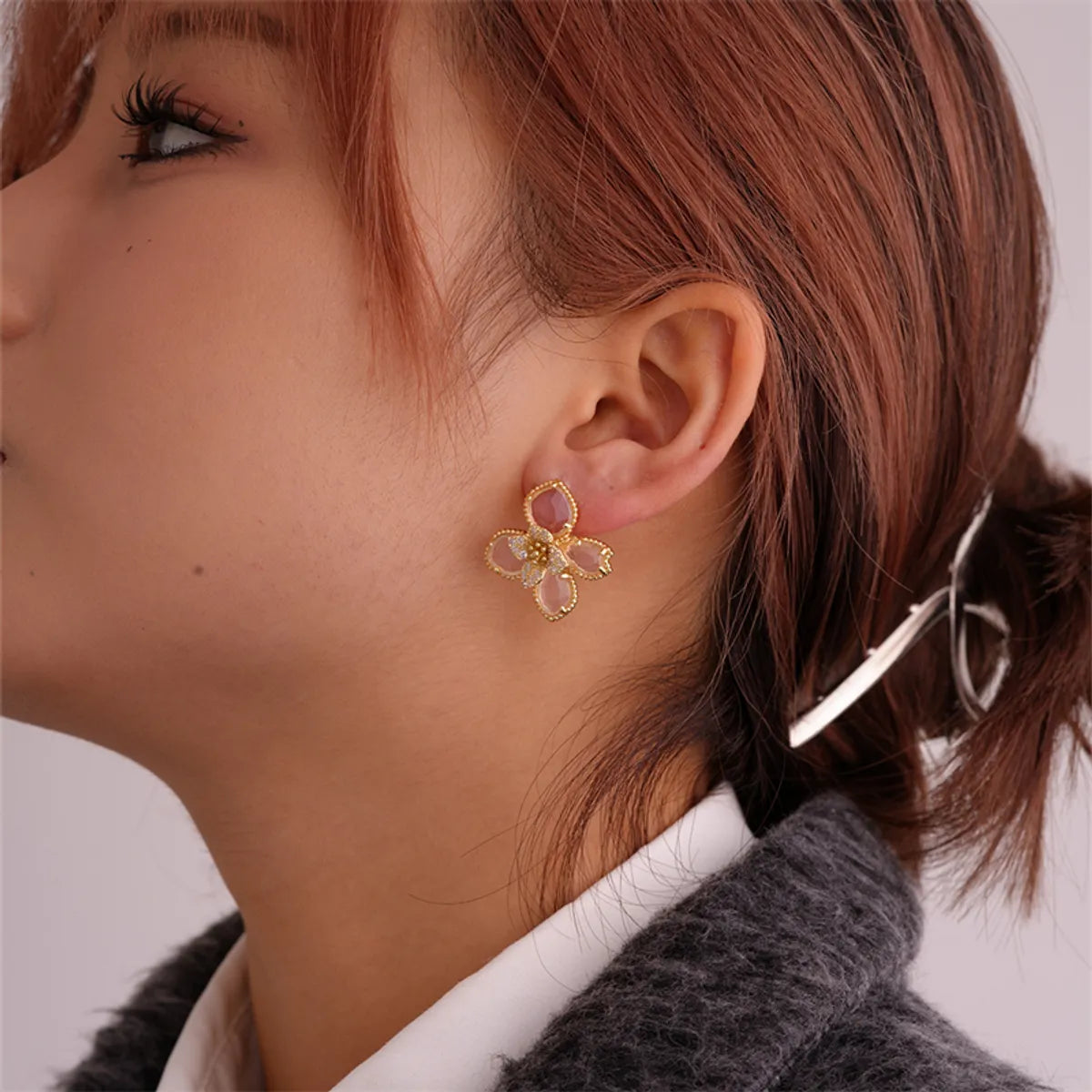 1 Pair Nordic Style Sweet Flower Plating Inlay Copper Zircon White Gold Plated Gold Plated Ear Studs