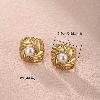 1 Pair Nordic Style XUPING Shiny C Shape Asymmetrical Plating Inlay 304 Stainless Steel Artificial Pearls 18K Gold Plated Ear Studs