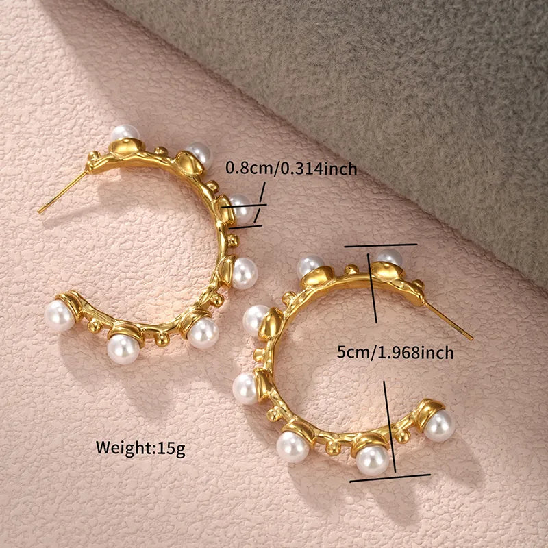 1 Pair Nordic Style XUPING Shiny C Shape Asymmetrical Plating Inlay 304 Stainless Steel Artificial Pearls 18K Gold Plated Ear Studs