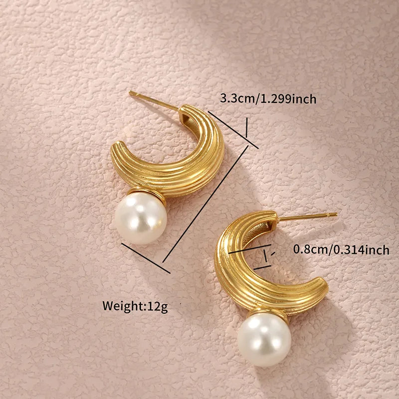 1 Pair Nordic Style XUPING Shiny C Shape Asymmetrical Plating Inlay 304 Stainless Steel Artificial Pearls 18K Gold Plated Ear Studs