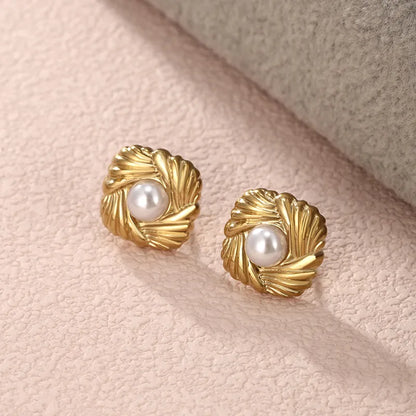 1 Pair Nordic Style XUPING Shiny C Shape Asymmetrical Plating Inlay 304 Stainless Steel Artificial Pearls 18K Gold Plated Ear Studs