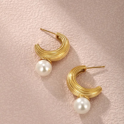 1 Pair Nordic Style XUPING Shiny C Shape Asymmetrical Plating Inlay 304 Stainless Steel Artificial Pearls 18K Gold Plated Ear Studs