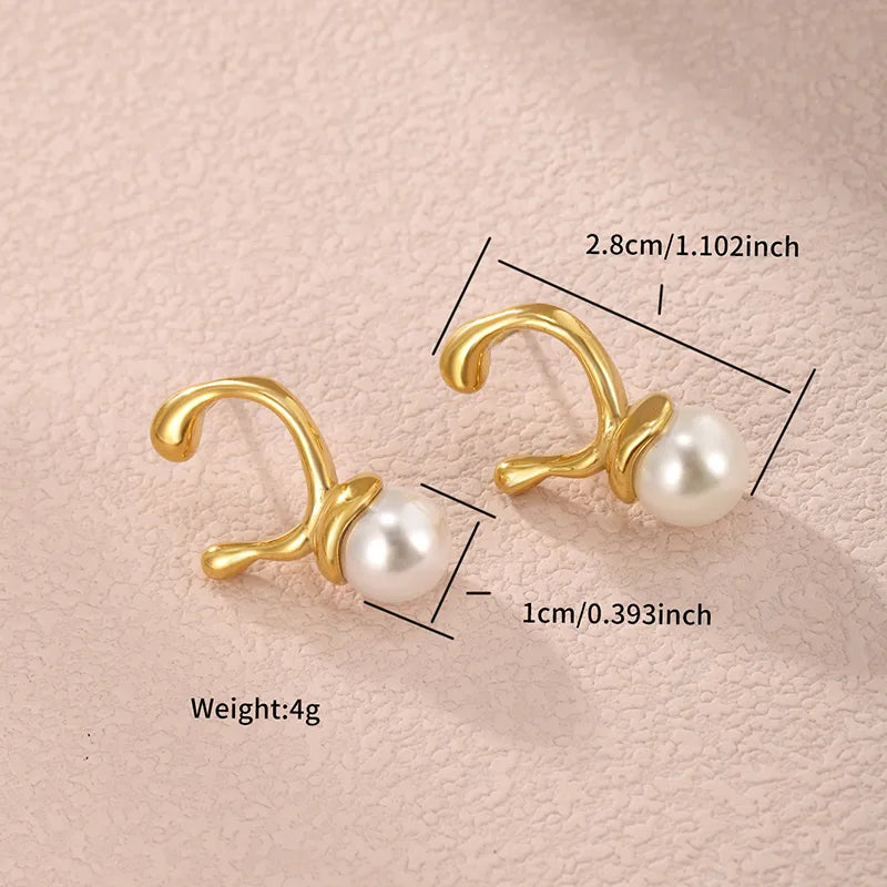 1 Pair Nordic Style XUPING Shiny C Shape Asymmetrical Plating Inlay 304 Stainless Steel Artificial Pearls 18K Gold Plated Ear Studs