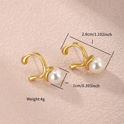 1 Pair Nordic Style XUPING Shiny C Shape Asymmetrical Plating Inlay 304 Stainless Steel Artificial Pearls 18K Gold Plated Ear Studs