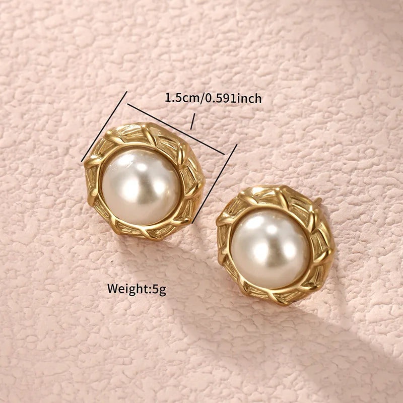 1 Pair Nordic Style XUPING Shiny C Shape Asymmetrical Plating Inlay 304 Stainless Steel Artificial Pearls 18K Gold Plated Ear Studs