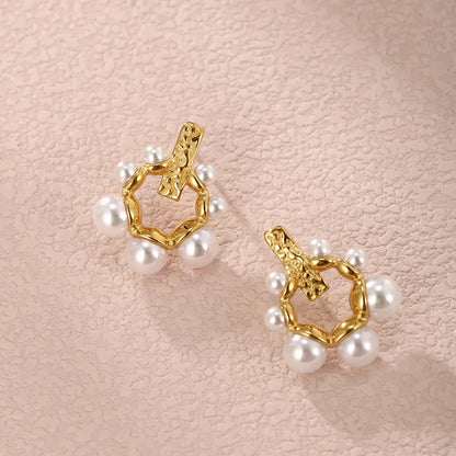 1 Pair Nordic Style XUPING Shiny C Shape Asymmetrical Plating Inlay 304 Stainless Steel Artificial Pearls 18K Gold Plated Ear Studs