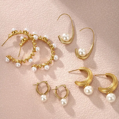 1 Pair Nordic Style XUPING Shiny C Shape Asymmetrical Plating Inlay 304 Stainless Steel Artificial Pearls 18K Gold Plated Ear Studs