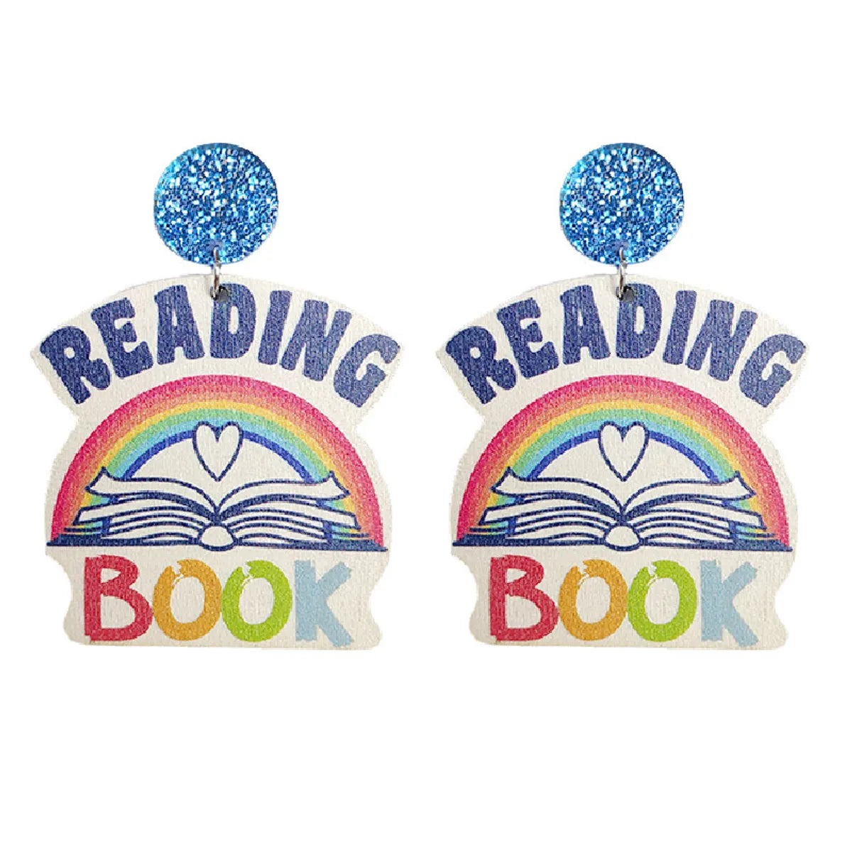 1 Pair Novelty Artistic Book Letter Rainbow Printing Stainless Steel Arylic Wood Drop Earrings