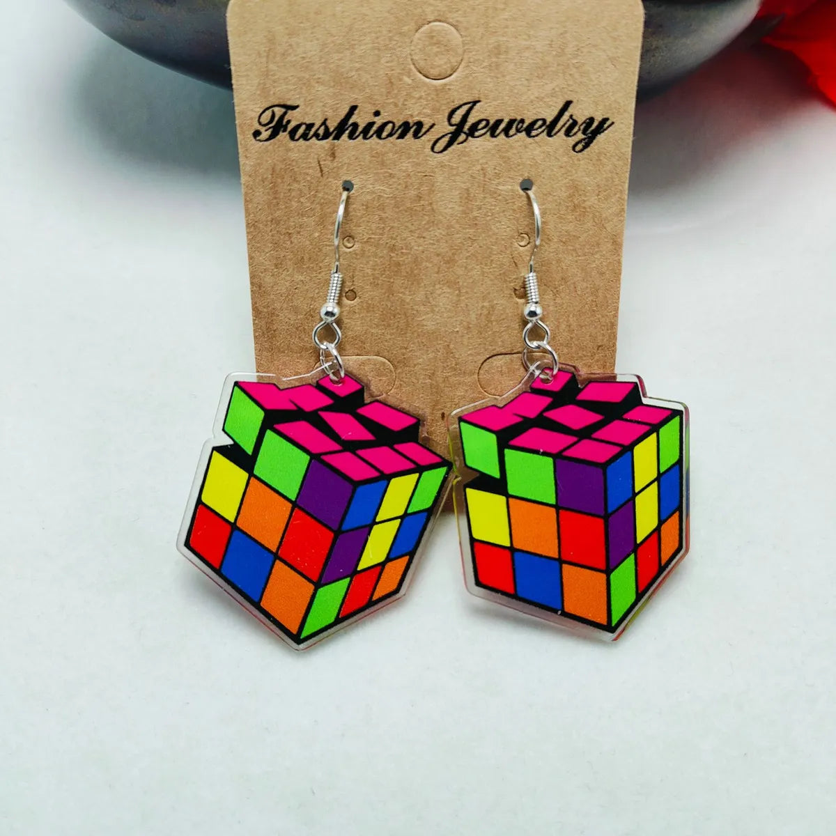 1 Pair Novelty Printing Color Block Rubik'S Cube Stoving Varnish Arylic Drop Earrings